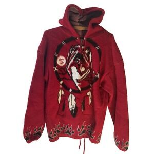 ARTESANIAS TUNTAQUIMBA Jacket Men‎ L Wolf Native Wool Outdoor Aztec Zip Hood Red